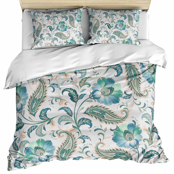 Teal Paisley Floral Bedding 3 Piece Duvet Cover Set Twin Size, Boho Ethnic Tribe Traditional Soft Microfiber Comforter Cover with Zipper Closure & Pillowcases, Wrinkle & FadeResistant Quilt Cover