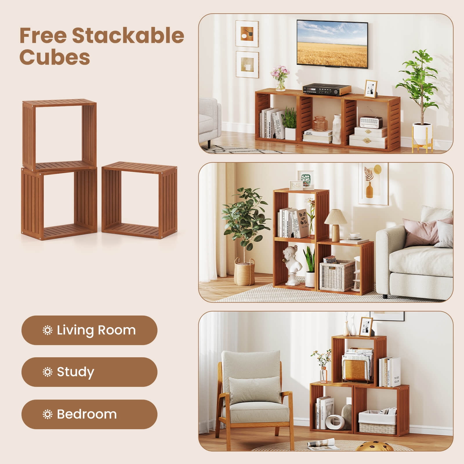 Costway 2 PCS 3 Cube Storage Organizers Stackable Bookcase Shelves for Small Spaces Teak