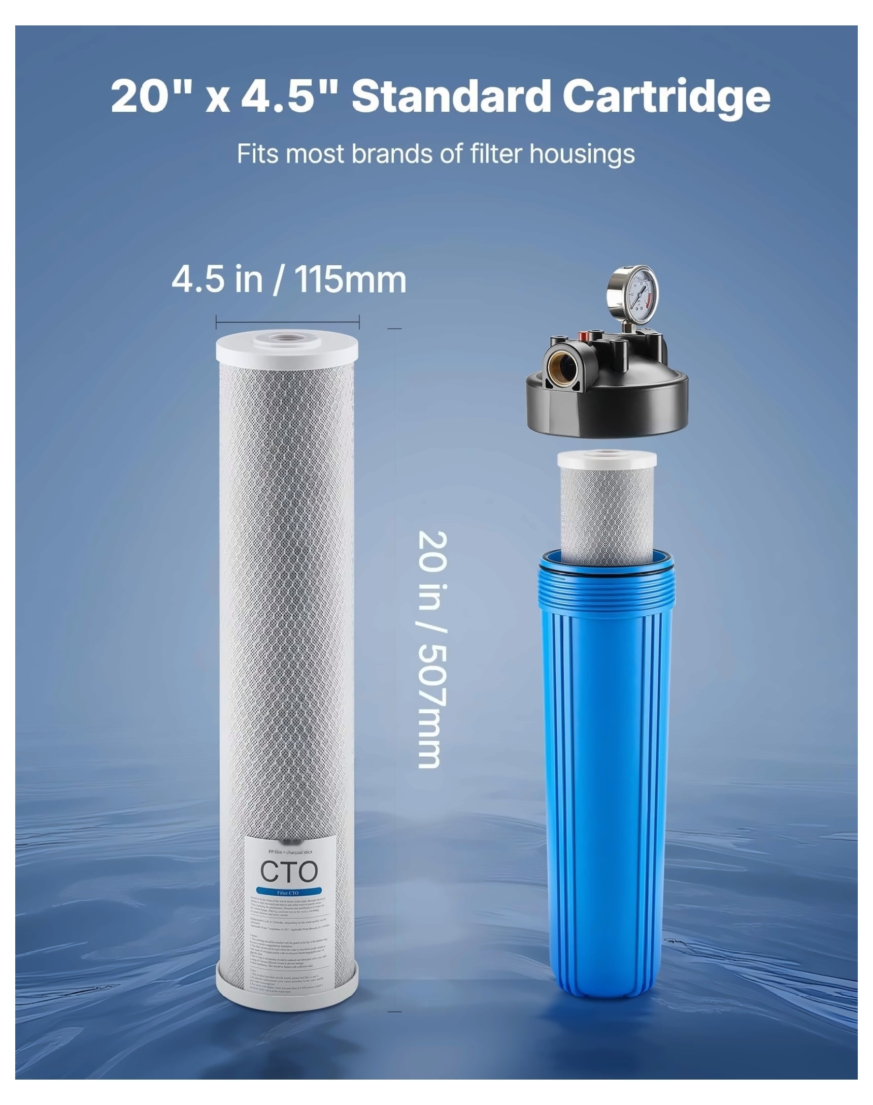 Whole House Water Filter Cartridge 4.5x20", CTO Carbon Block Filter, 1 Pack - Universal Sediment & Chlorine Reduction for Home Systems