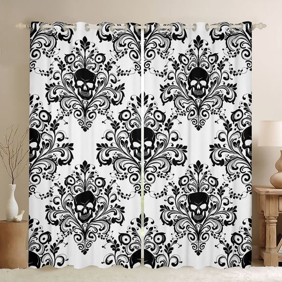 Homewish Goth Halloween Skull Kitchen Curtains,Victorian Damask Black Out Curtains Pack of 2 (42x63 Each),Black White