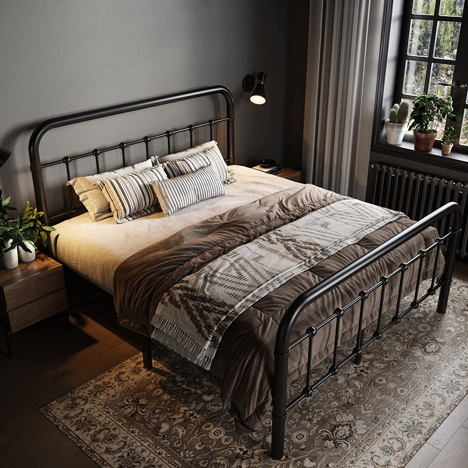 Allewie Full Platform Bed with Victorian Wrought Iron Headboard, Black photo 2