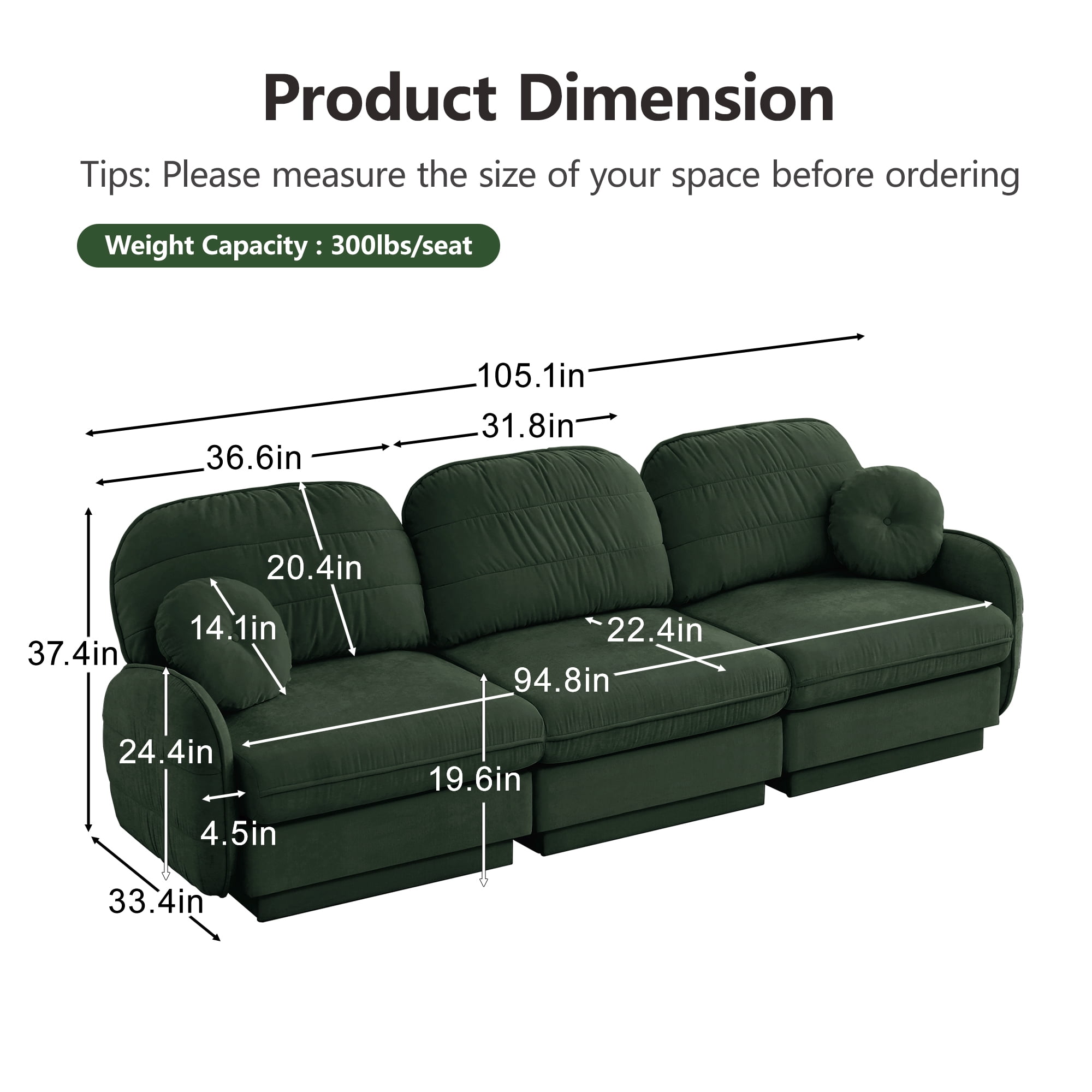 Mintazer 105" Chenille Cloud 3-Seater Modular Sectional Sofa with 2 Round Pillows, Easy Assembly Ergonomic Sofa Couch for Living Room, Apartment, Green