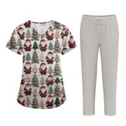Wutalume Women's Short Sleeve Christmas Print Scrub Set, Pocket Top and Pants Work Uniform, Healthcare Professional Outfit,Beige L