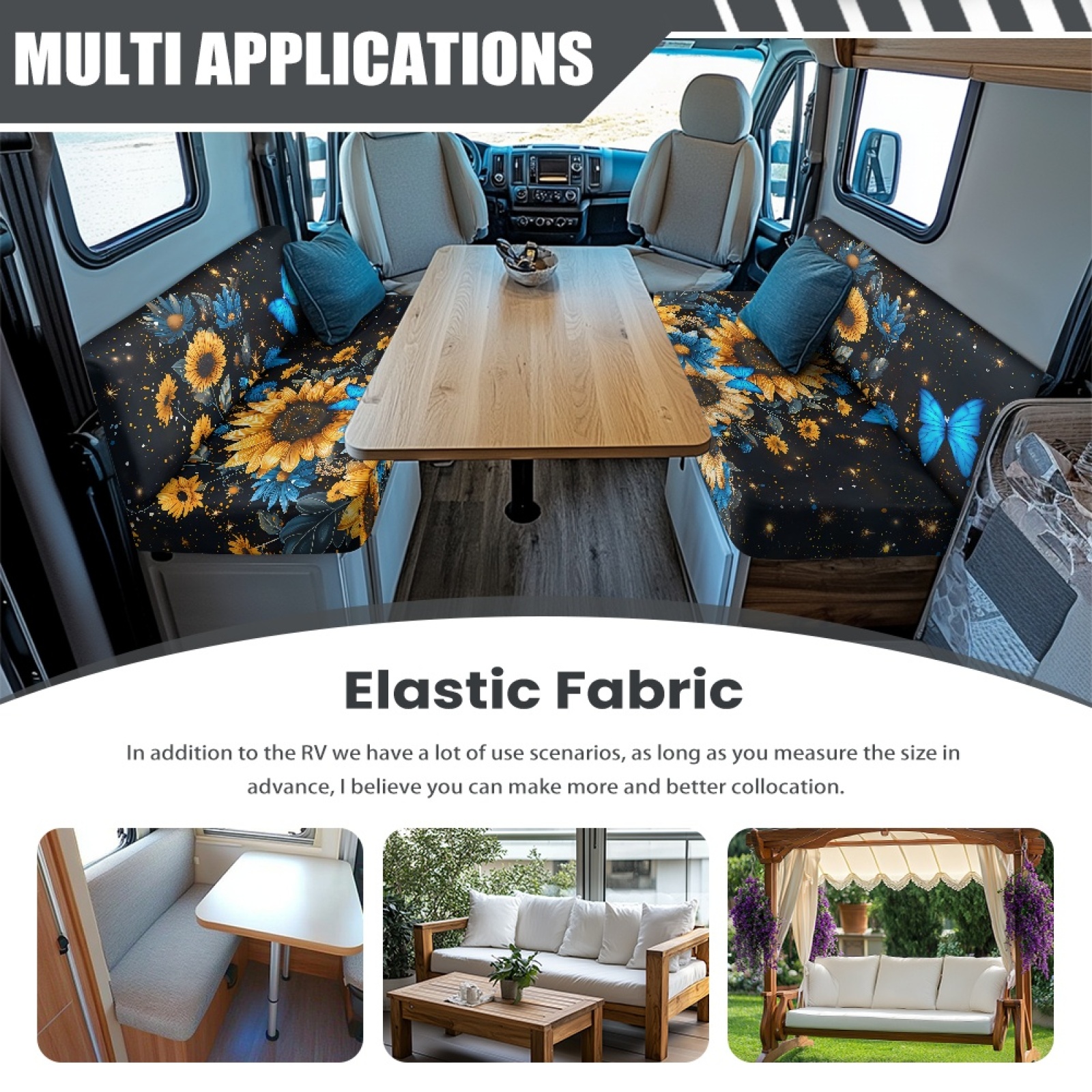 FORUDESIGNS Butterfly Sunflower Pattern 2 Pcs RV Dinette Cushion Covers Washable Camper Cushion Slipcover Stretch Camper Seat Covers Dinette Booth Sofa Slipover for Travel Trailer Couch
