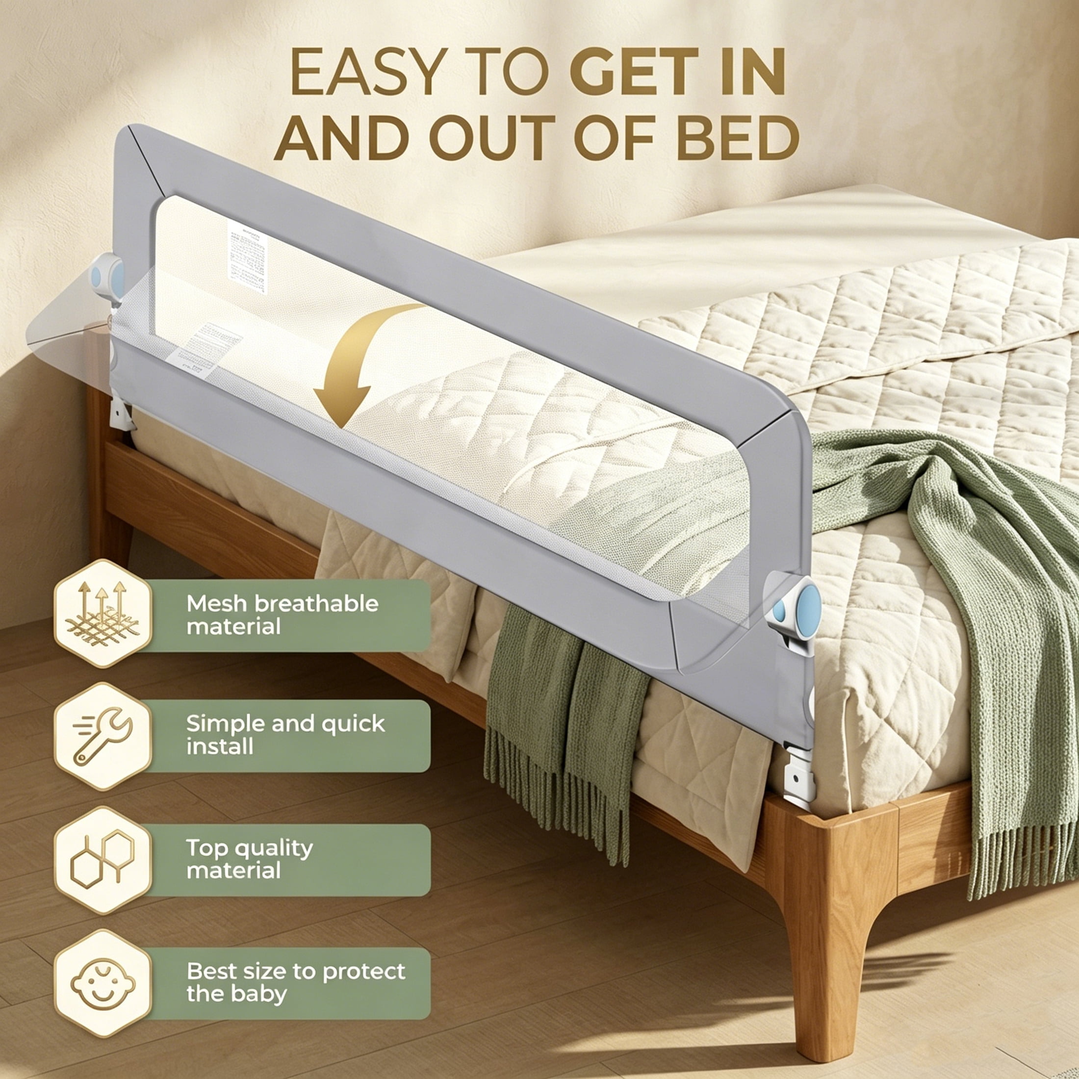 Haelhorneger Toddler Bed Rail, Swing Down Safety Bed Guardrail, Universal Fit for Twin Full Queen Mattresses, Sturdy & Easy Install, White