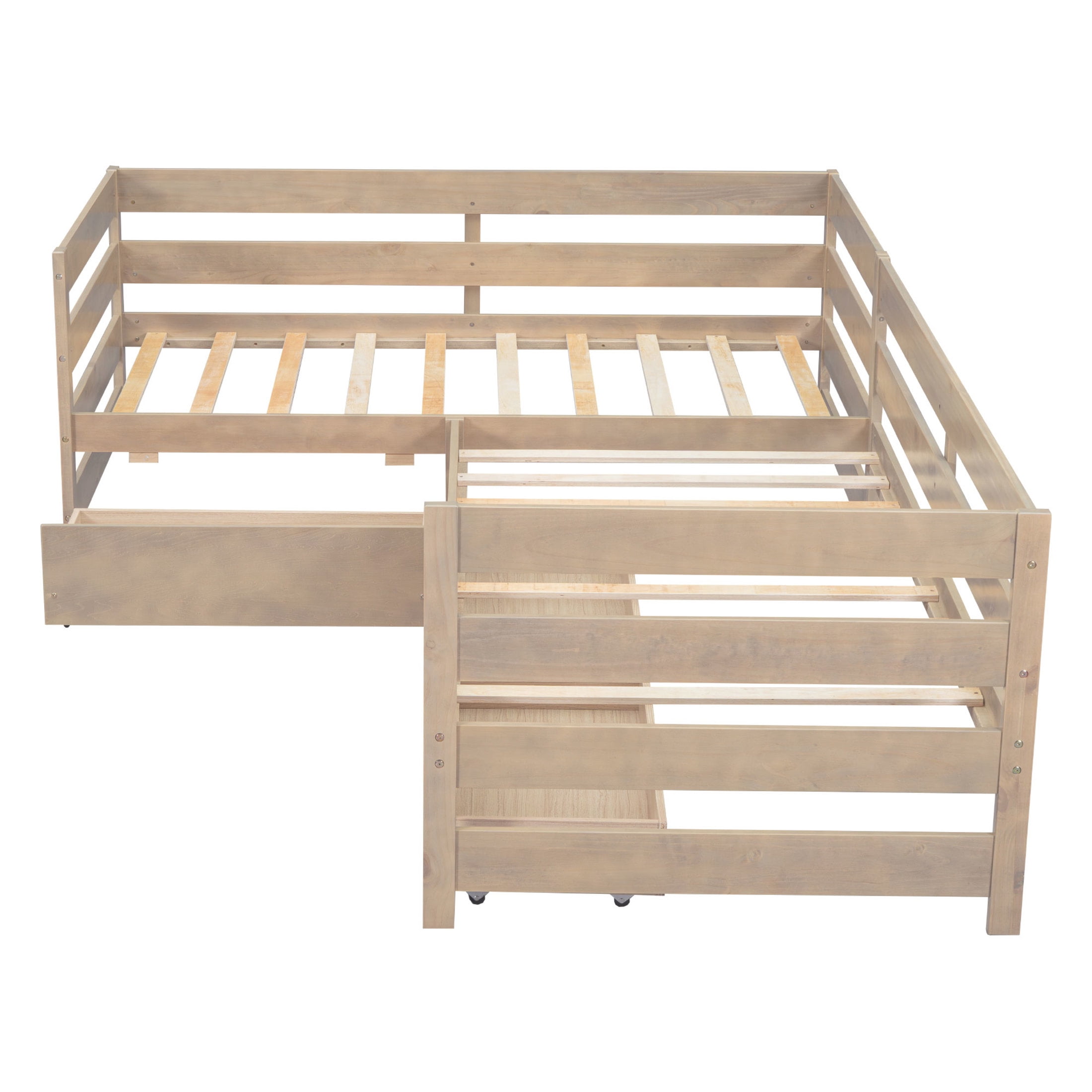 Noble House Carter Twin L-Shaped Platform Bed with 3 Storage Drawers, Solid Wood Corner Bed Frame, Natural
