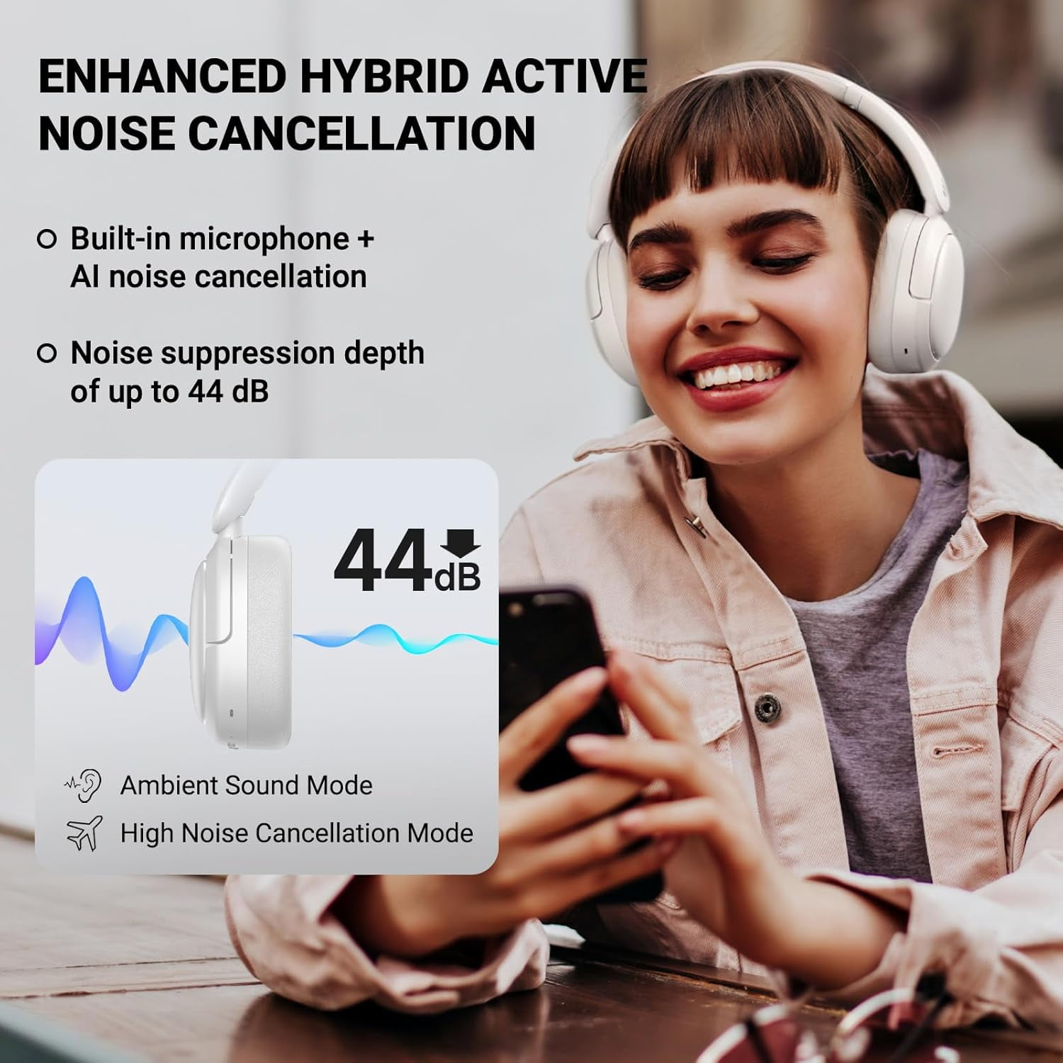 Edifier V80 Hybrid Active Noise Cancelling Headphones, True Wireless Over Ear Bluetooth Headset with 45H Playtime/Hi-Res Audio/Fast Charging/Multipoint Connection for Travel Home Office - Ivory