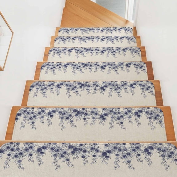 Gray Rose Stair Treads Non Slip for Steps Country Flower Floral Green Vine Leaf Farmhouse Linen Texture 10 Pcs Reusable Adhesive Stair Runner Mats for Pet Carpet Treads Rugs for Staircase 8x30 In
