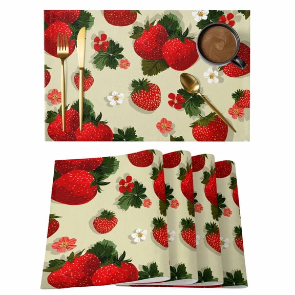 Red Strawberry Placemats Set of 1, Country Fruit Flower Floral Lraf Yellow Background Non-Slip Place Mats Washable Table Mats for Kitchen Dining Table Decorations Indoor/Outdoor