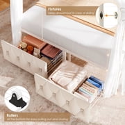Homfa Queen Size Canopy Bed Frame, 2 Storage Drawers Metal Platform Bed with Button Tufted Upholstered Headboard, Canopy Bed Curtain Not Included, Beige