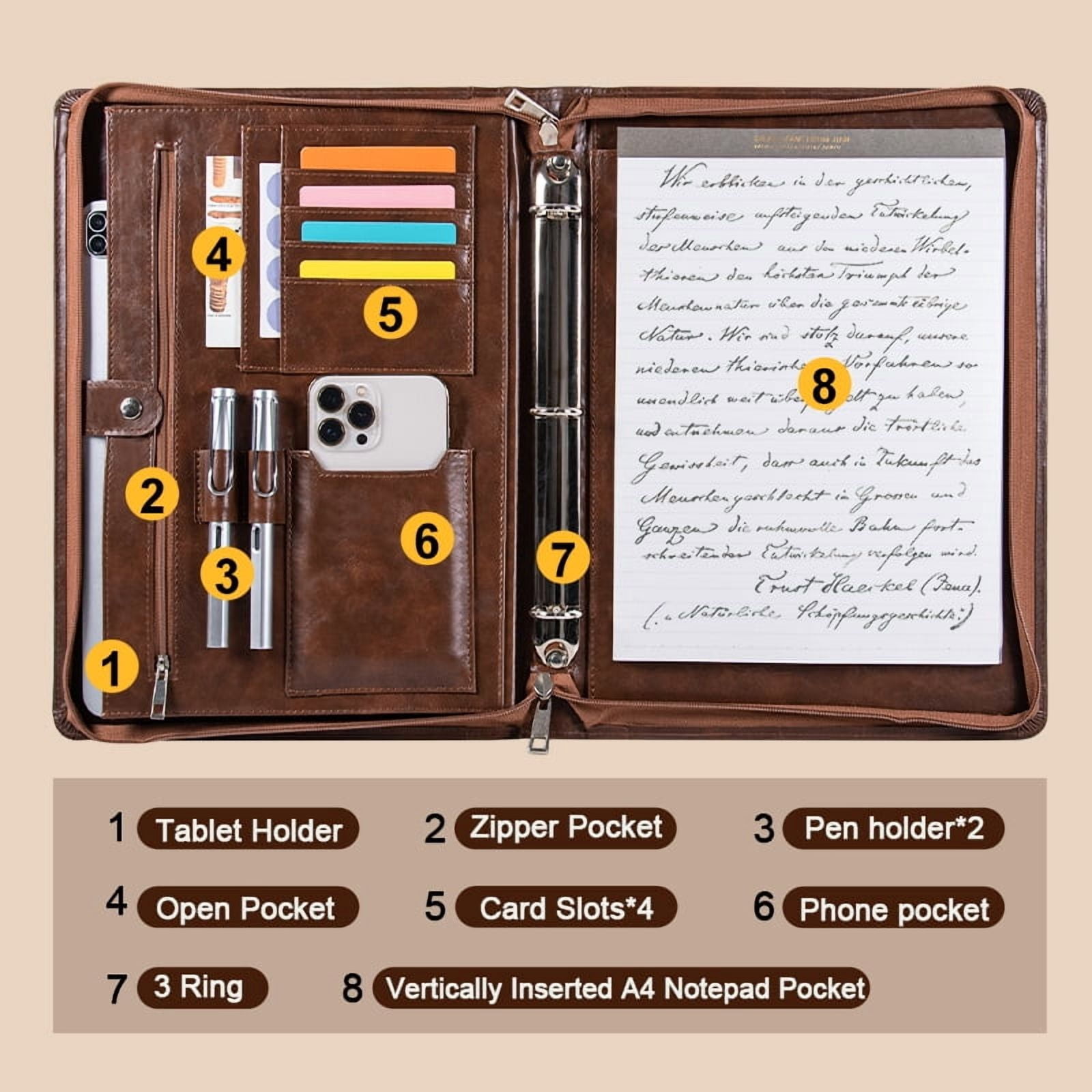 A4 Business Padfolio Binder with Zipper, Vegan Leather Professional Portfolio Organizer with 3-Ring Binder, Notepad & Resume Holder for Meetings & Travel