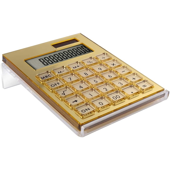 Calculadora acrílica EXPUTRAN + soporte, batería y energía híbrida solar - Display LCD 12 dígitos - accesorios hogar y oficina (oro)