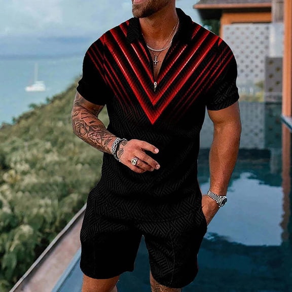 Vedolay men's summer shorts sets Mens Short Outfits 2 PC Summer Tracksuit Short Sleeve Polo Shirt Shorts Set,Black M