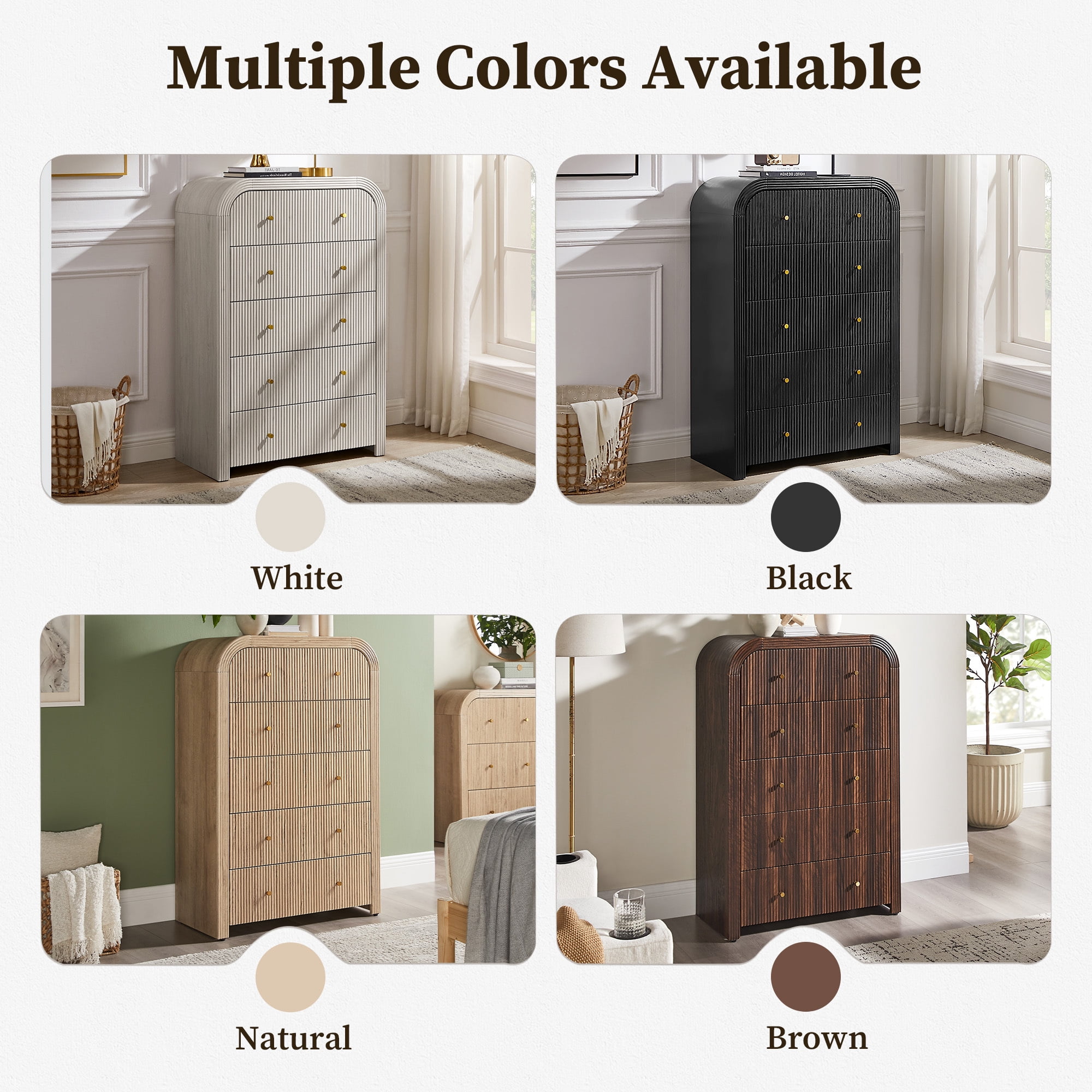 KeyWhat Modern 5-Drawer Dresser, 48" Fluted Tall Chest of Drawers with Curved Profile and Metal Handles, Wood Storage Cabinet for Bedroom, Living Room and Hallway, White Alder
