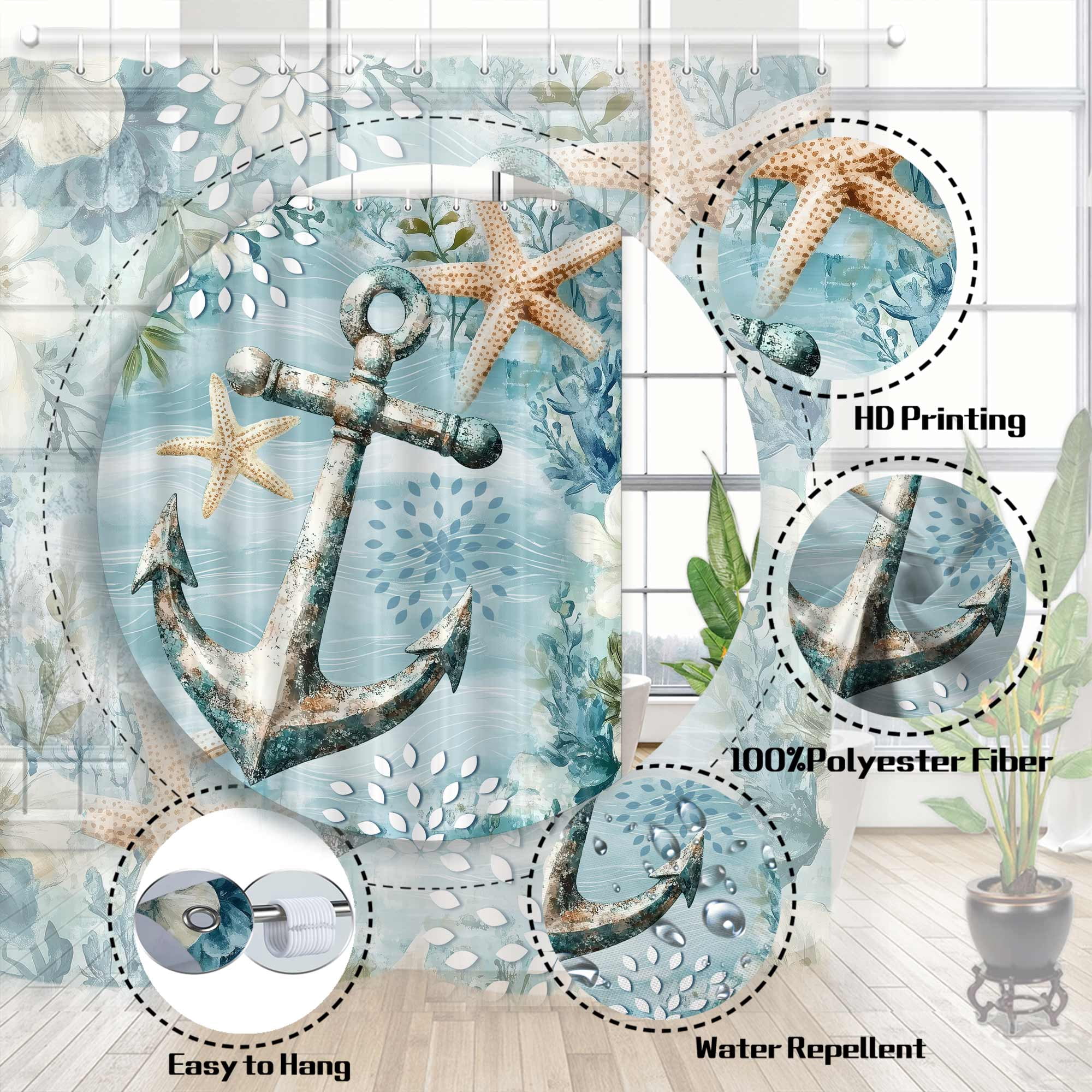 Nautical Anchor Turquoise Shower Curtain, Blue Ocean Beach Theme Seashell Nautical Rustic Decorative Bathroom Curtain, Vintage Retro Fabric Waterproof Shower Curtain Set with Hooks, 48X70in