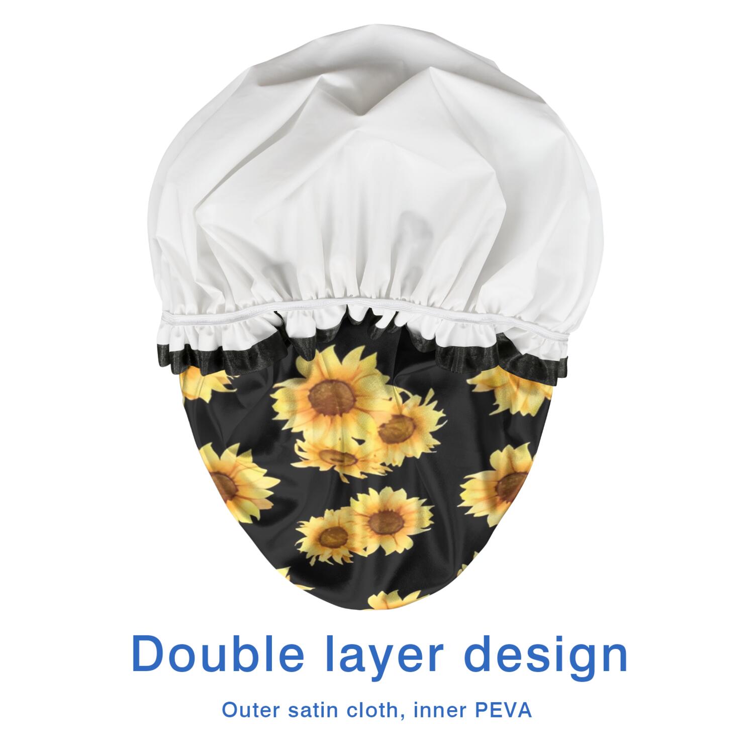 Shower Caps,Black Yellow Sunflower Pattern Waterproof Shower Cap for Women 4 Pieces,Double Reusable Hair Cover for Shower PEVA Elastic Stretch Hem