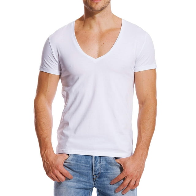 T-shirt Extensible pour Hommes, Col en V Profond, Coupe Ajustée, Décolleté Plongeant, Haut pour Homme, Blanc, M