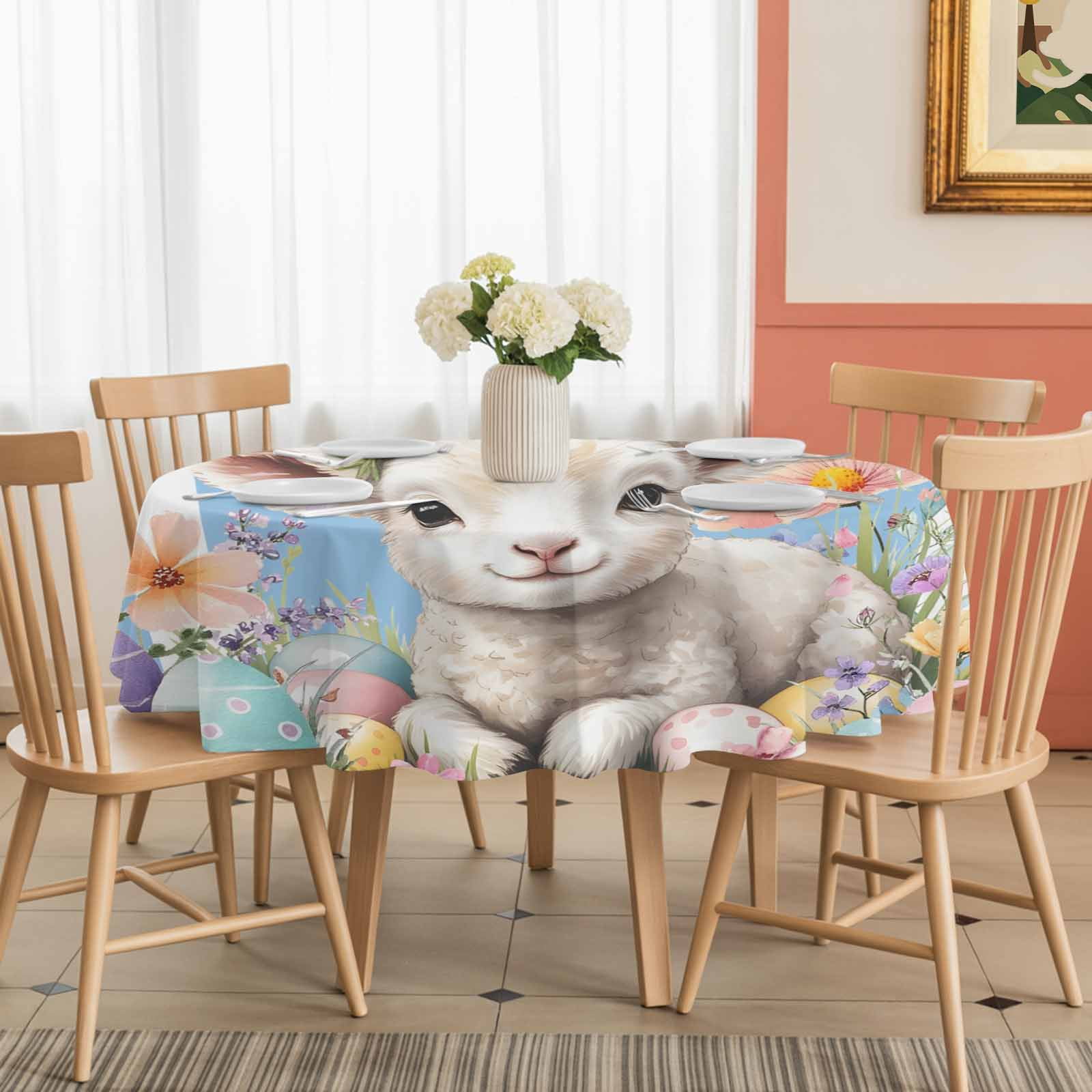 Round Tablecloth Spring Floral Easter Waterproof Oil Proof Polyester Table Cloth Cover Decor for Home Dining Outdoor,Patio,Parties, 54" Dia. Cute Lambs Eggs Blue Striped