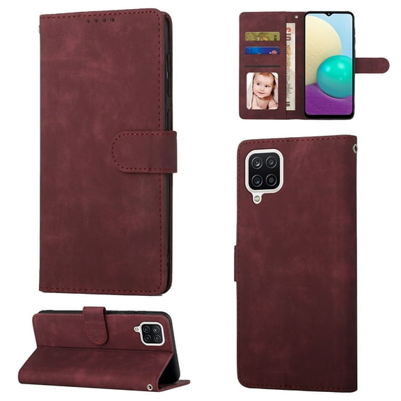 Samsung A12 Wallet Case, Shockproof PU Leather Kickstand Wallet Card RFID Blocking Magnetic Folio Holder with Strap, Book Style Anti-Scratch Phone Case For Samsung Galaxy A12, Winered