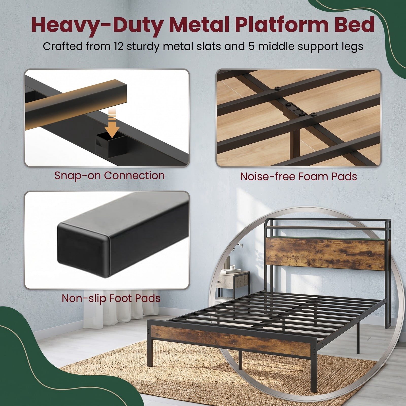 Furnibear Queen Bed Frame, Metal Platform Bed with Storage Headboard, LED Lights and Charging Station, No Box Spring Needed, Rustic Brown and Gray