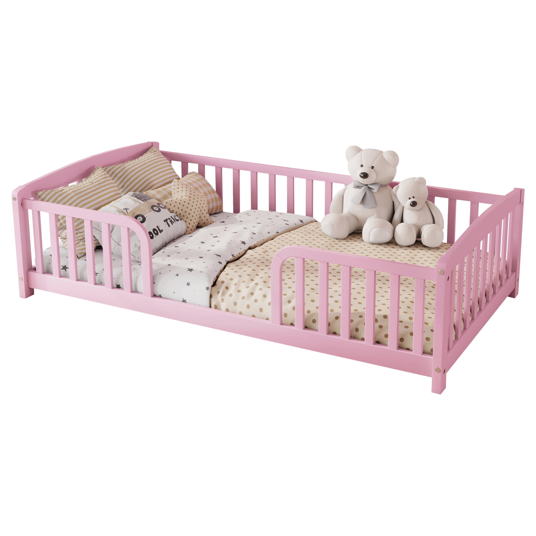 Noble House Norva Twin Size Floor Bed with Central Curved Entrance Guardrails, Pine Wood Bed Frame, Pink