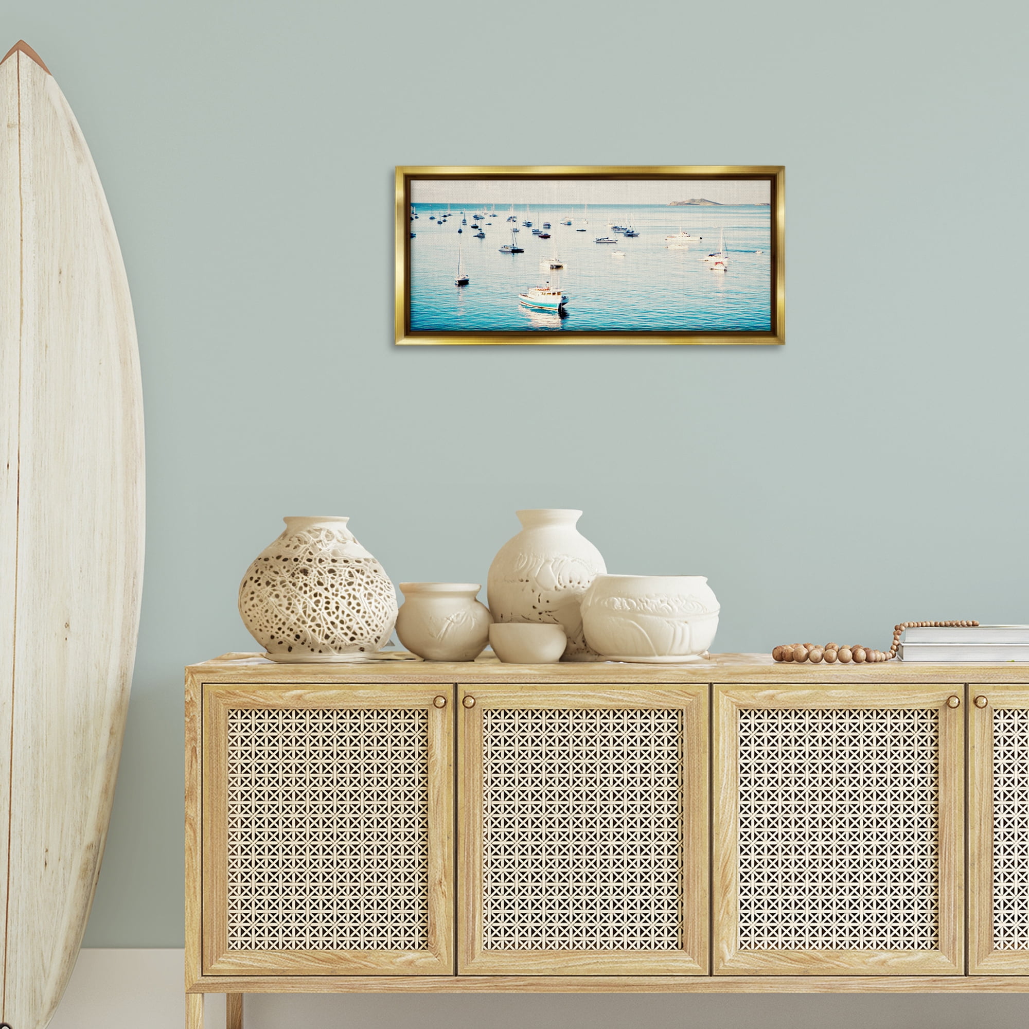 Stupell Industries Boat Fleet Marina Transportation Photography Gold Floater Framed Canvas Art Print Wall Art, 31 x 14