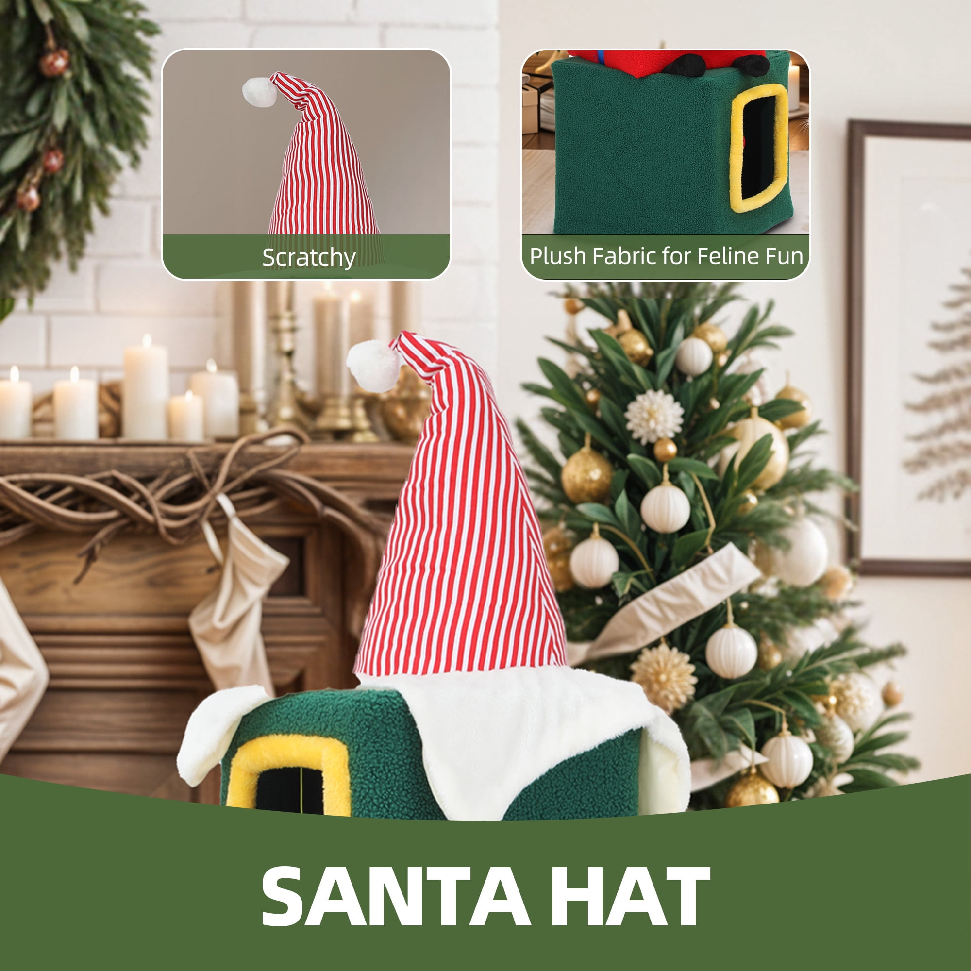 Uforic 60" H Large Christmas Cat Tree, Multi-Level Cat Tree,3 Story Playhouse with Hanging Ball,Green