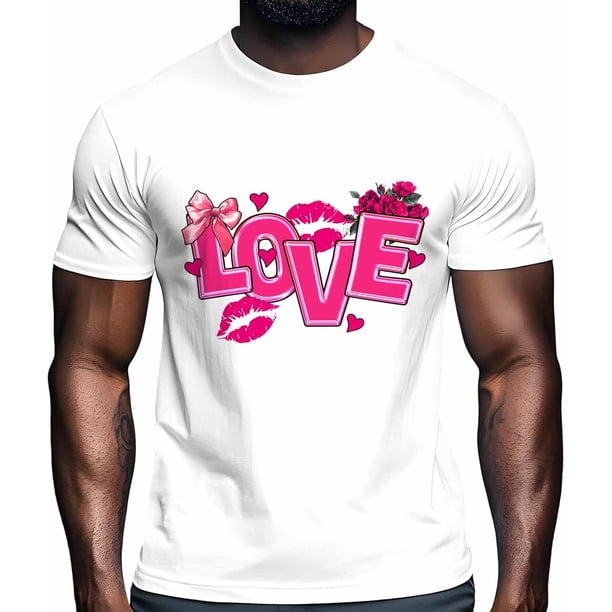 T-Shirts for Men, Love Lips Bow Flower Crew Neck Cotton T-Shirt Men's Short Sleeve Valentine's Day Pink Style