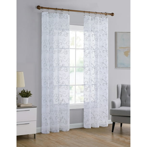 Mainstays Embroidered Scroll Sheer Single Curtain Panel, 38" x 84