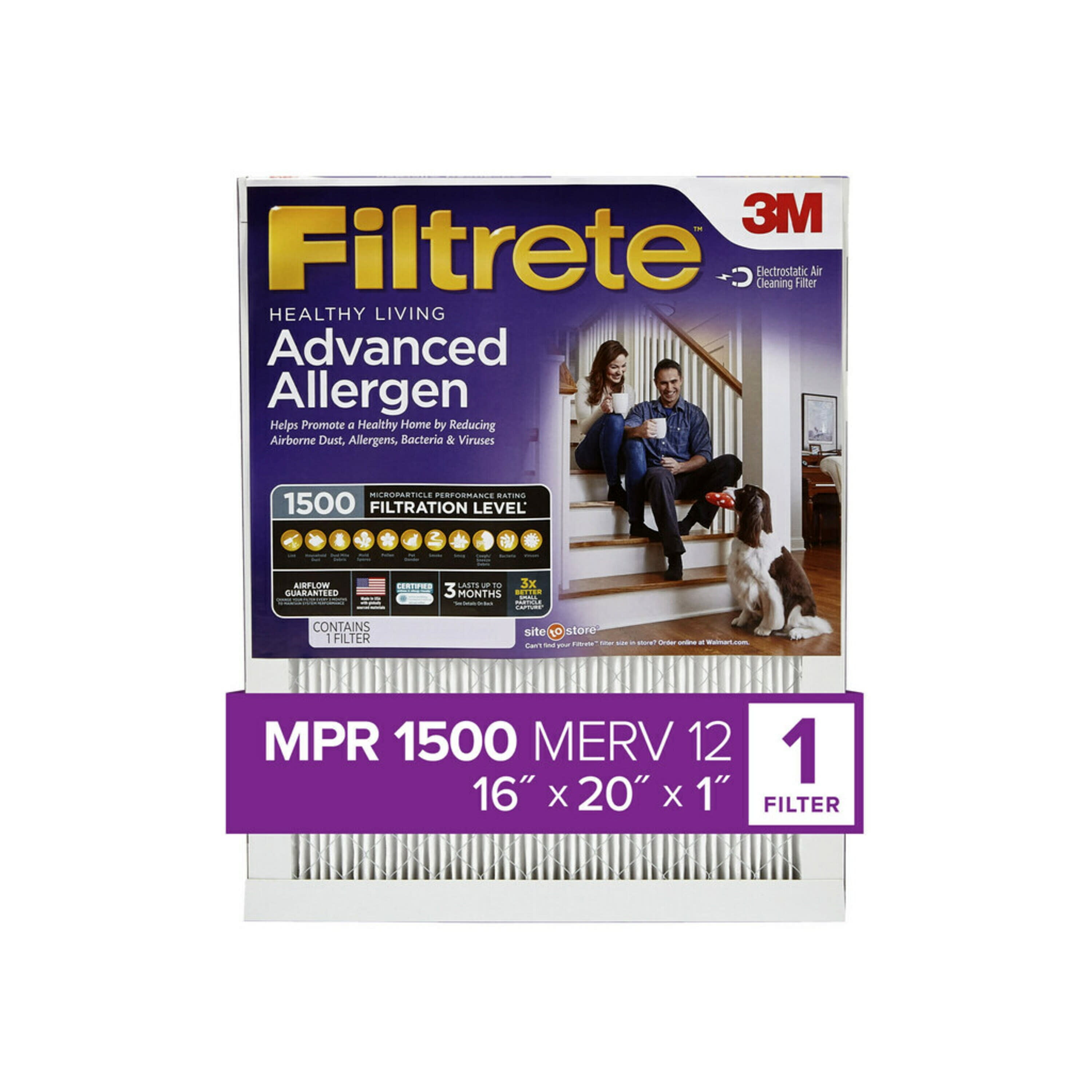 Filtrete by 3M, 16x20x1, MERV 12, Advanced Allergen Reduction HVAC Furnace Air Filter, Captures Allergens, Bacteria, Viruses, 1500 MPR, 1 Filter