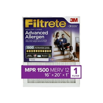 Filtrete by 3M, 16x20x1, MERV 12, Advanced en Reduction HVAC Furnace Air Filter, Captures ens, Bacteria, Viruses, 1500 MPR, 1 Filter