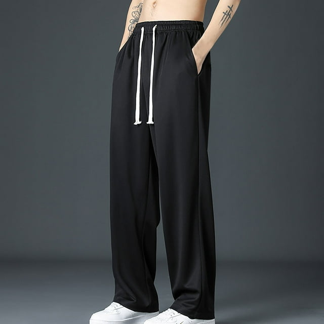 AherBiu Pants For Men Straight Leg Drawstring Elastic Wasited Pants With Pockets Lightweight Outdoor Casual Loose Basic Beach Trousers