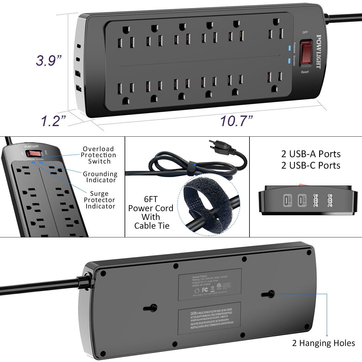 Surge Protector Power Strip with 12 AC Outlets, 4 USB Charging Ports (2 USB-C), 2700J Surge Protection, 6ft Extension Cord (1875W/15A) for Home and Office Use