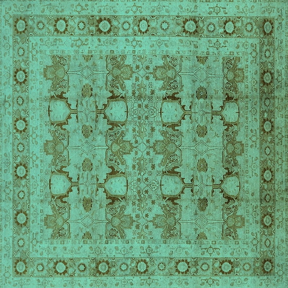 Ahgly Company Machine Washable Indoor Square Oriental Turquoise Blue Traditional Area Rugs, 4' Square