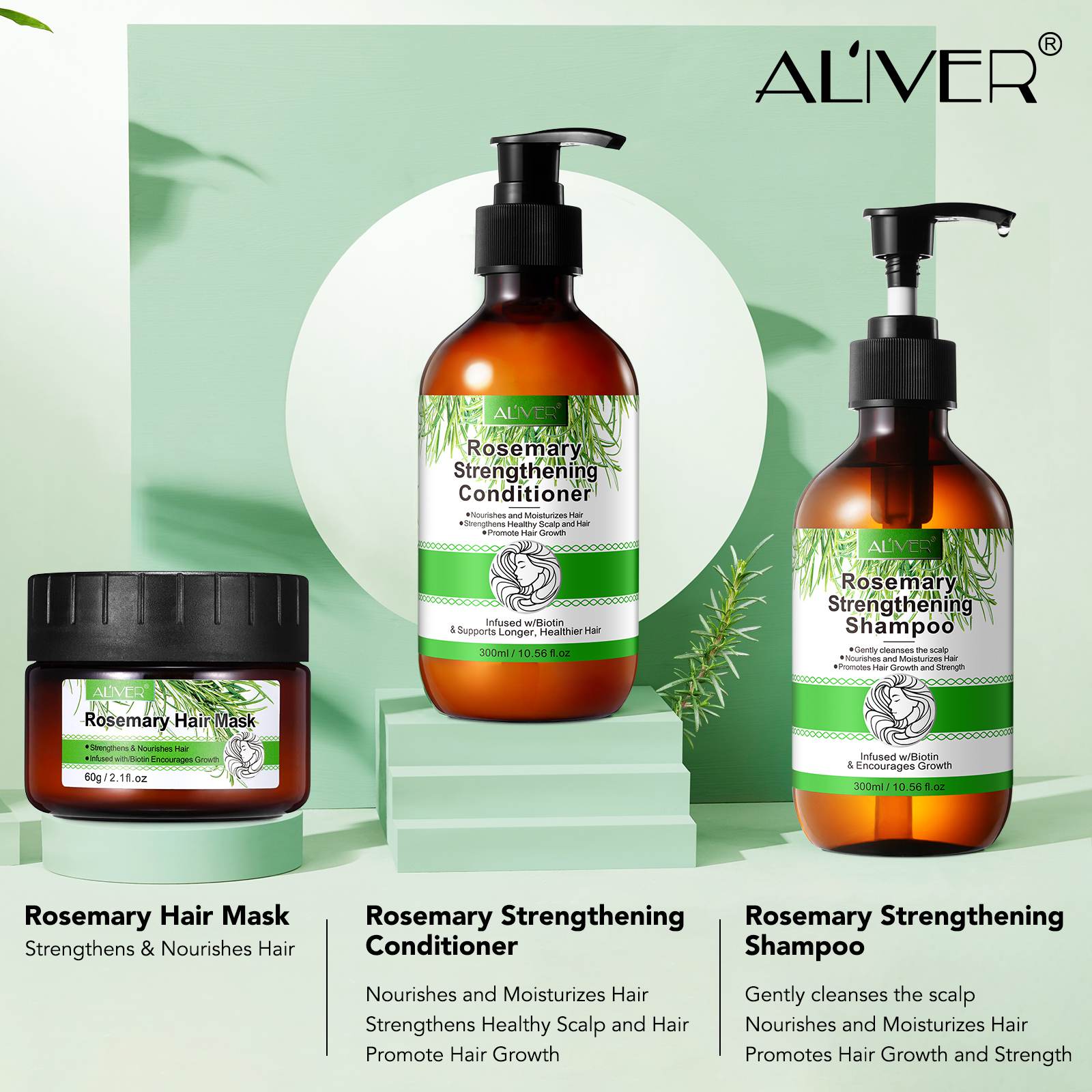 Aliver Rosemary Shampoo & Conditioner & Hair Mask Set, Infused with Biotin, Help with Hair Care, Strengthens & Nourishes Hair, Strengthen Weak and Brittle Hair, 3PCS