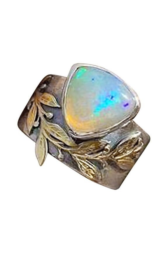 Vintage Exquisite Ladies Leaves Opal Diamond Ring For Women Jewelry Gifts (Silver,5)