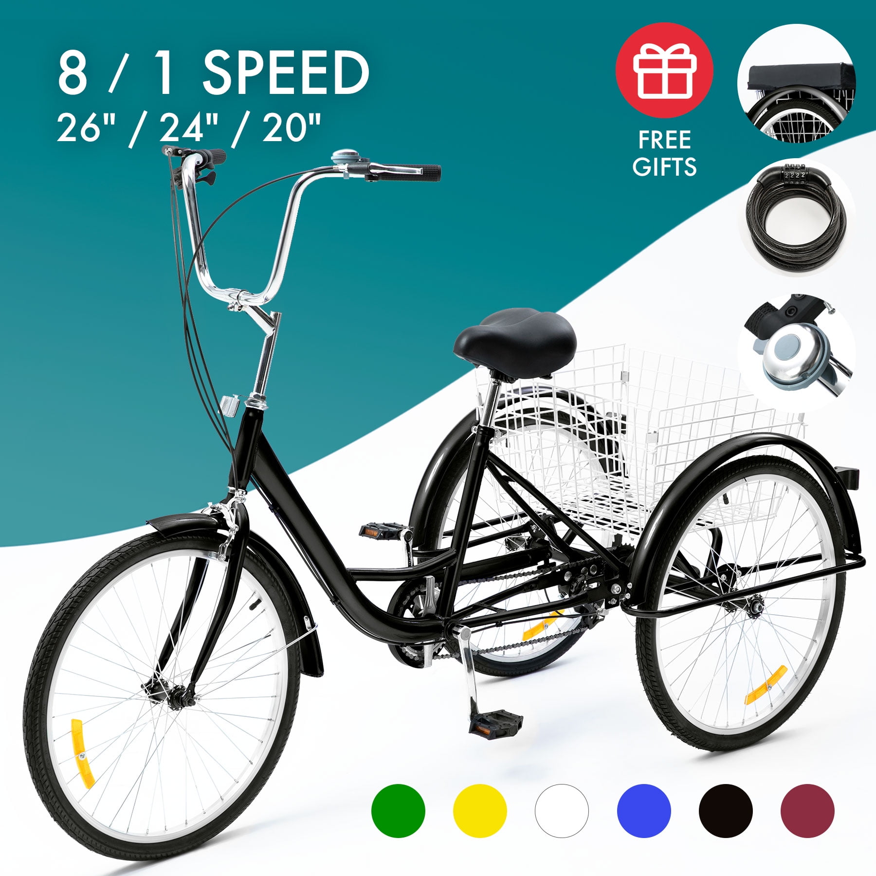26'' Adult Tricycle 1-Speed 3 Wheel Blue Comfortable Large Basket W/Tools & Lock 