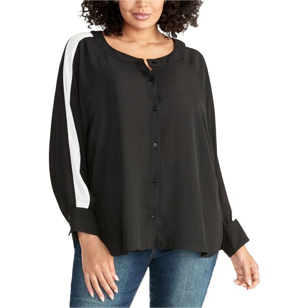 Rachel Roy blusa con botones y mangas a rayas para mujer, negro, mediano