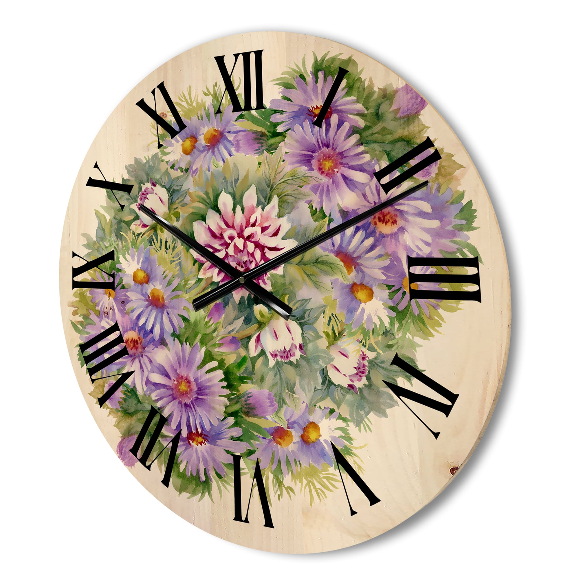 Designart 'Bouquet With Daisies and Purple Chrysanthemums' Traditional Wood Wall Clock