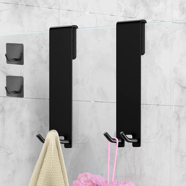 Ganchos para puerta de ducha, 4 piezas, gancho doble de acero inoxidable para pared de ducha, colgador de toallas, sin perforaciones, sin marco para baño, color negro