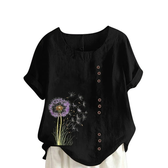 Women's Tops Summer Casual Crew Neck Flower Printed Button Short Sleeve Blouses Loose Fit Trendy Basic Shirts (2XL, Black 3)