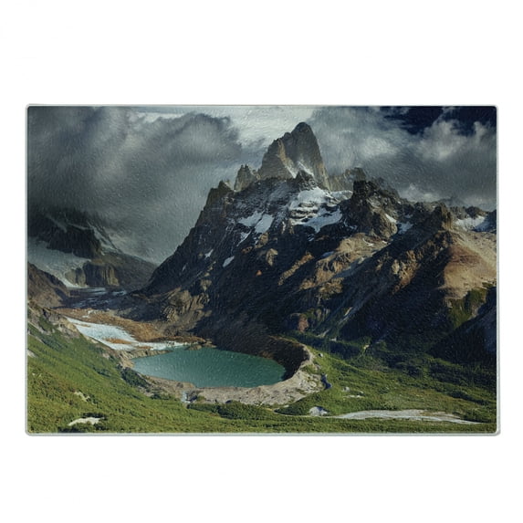 Landscape Cutting Board, Mount Fitz Roy and Laguna Torre Los Glaciares National Park Patagonia Argentina, Decorative Tempered Glass Cutting and Serving Board, Small Size, Multicolor, by Ambesonne