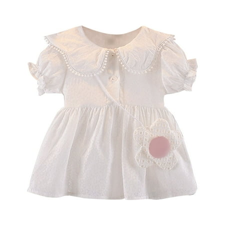 

Small Medium Sized Girls Summer Dress Floral Short Sleeve Lapel Sling Princess A Line Dress With Flower Small Satchel Baby Girl Clothes