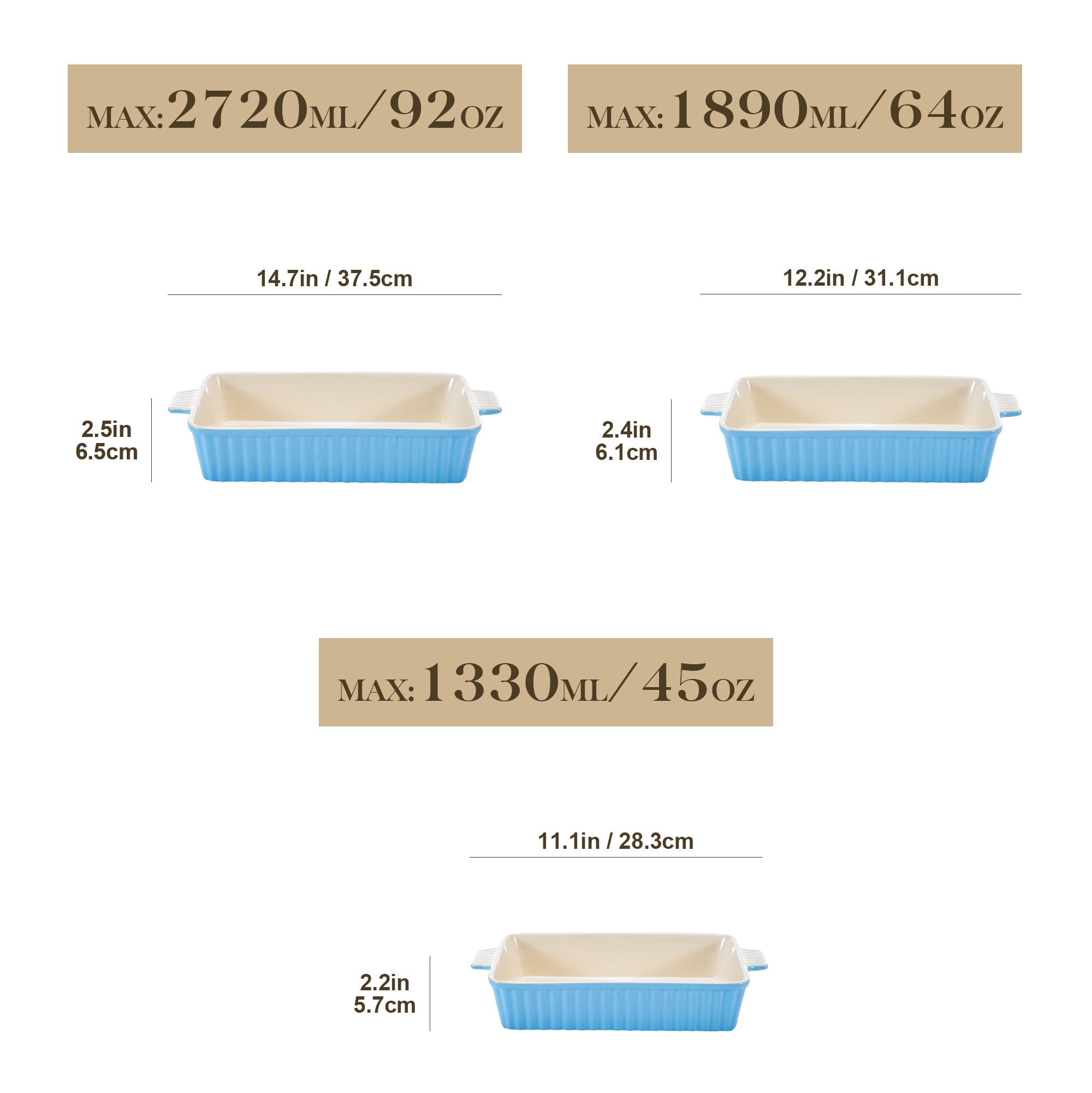 Vancasso Ceramic Baking Dish Set, Thick Casserole Dish for Oven with Handles, Deep Bakeware Sets of 3 for Baking, Lasagna Pan, Blue