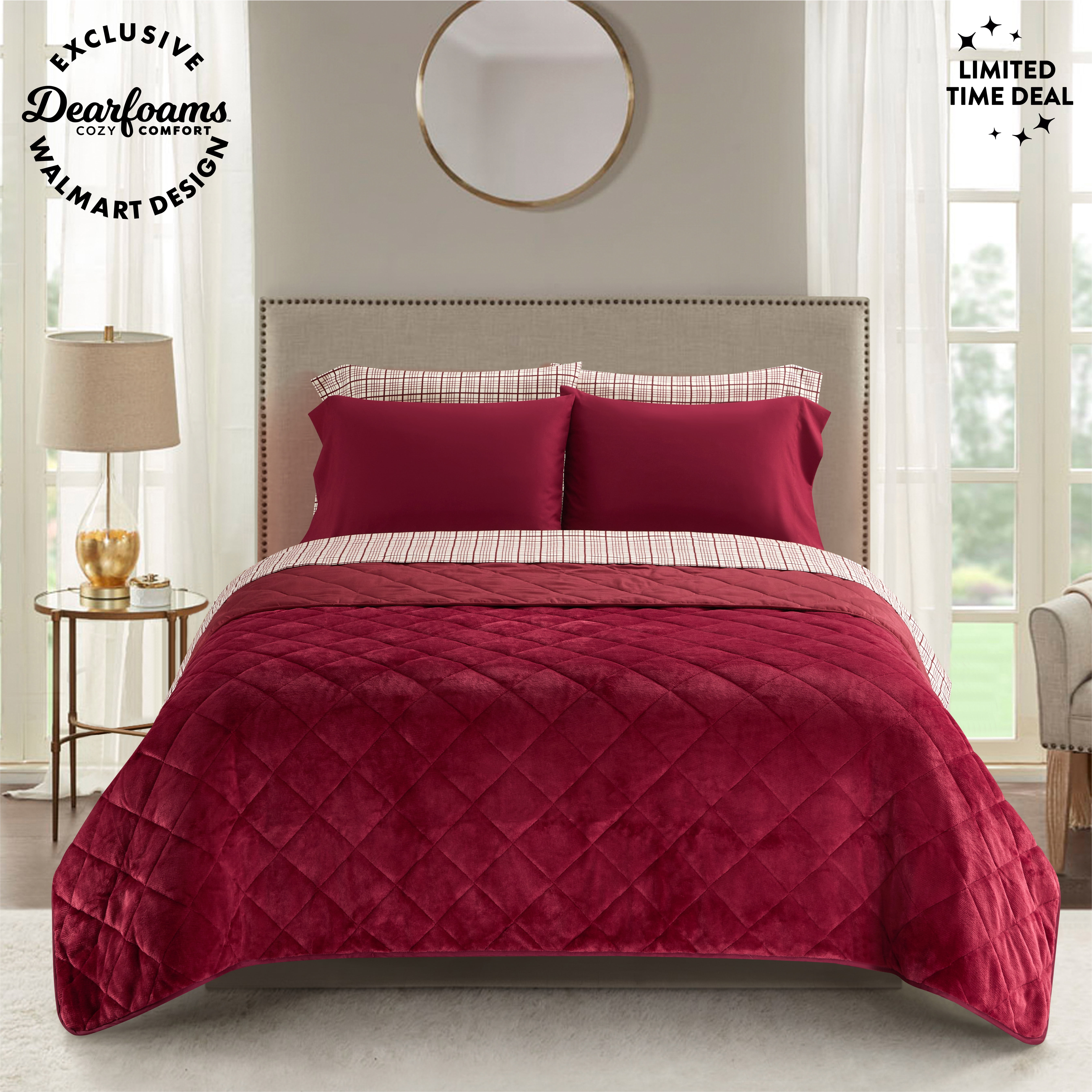 Dearfoams Burgundy Velvet Plush 7 Piece Quilt Bedding Set with Flannel Sheets, Queen