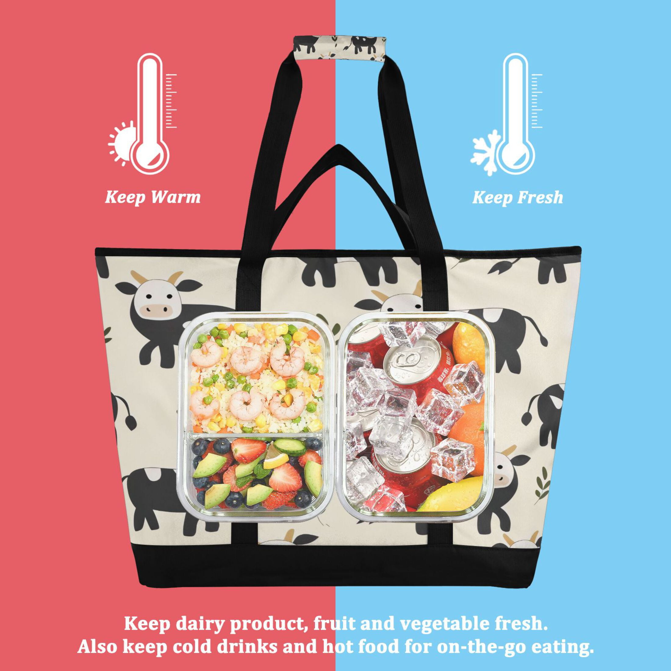 Large Hand-held Ice Pack Picnic Bag Insulation and Refrigeration Suitable for Shopping Picnics and Camping Black Cow