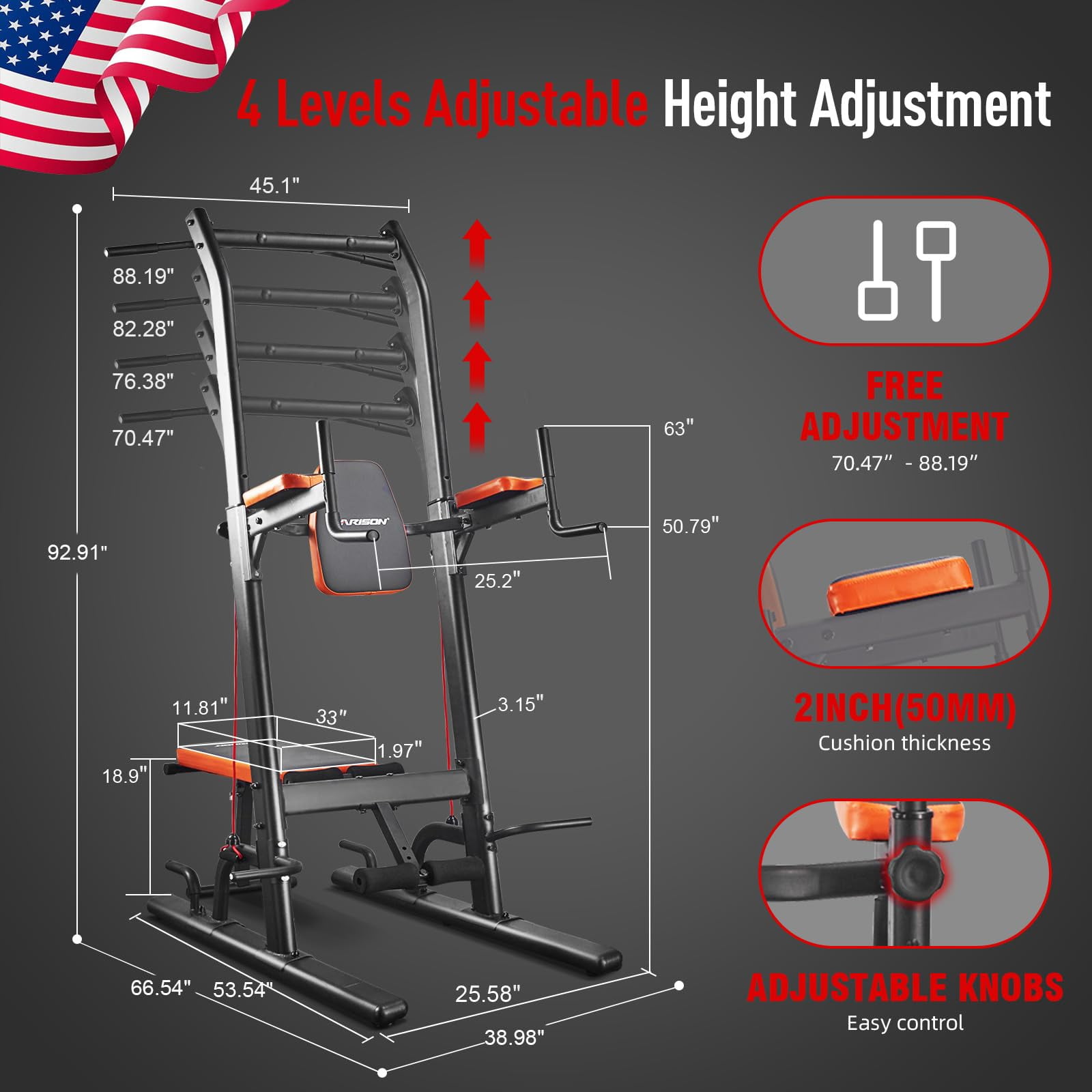 HARISON Multifunction Power Tower with Bench Pull Up Bar Dip Station, Squat Rack with 660LBS Capacity for Home Gym, Workout Strength Training Equipment