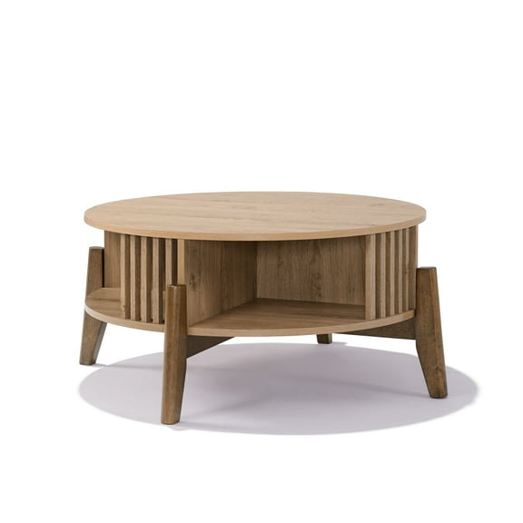 LuxenHome Round Coffee Table with Storage 31.5" Oak Finish Wood Center Accent Tables with Wood Legs