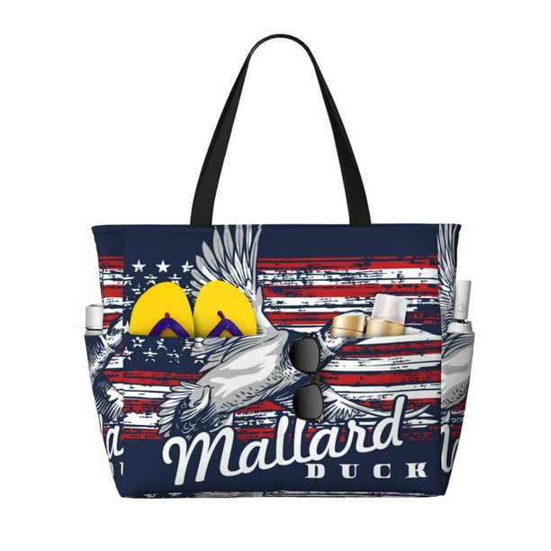Disketp Mallard Duck With American Flag Bolsa de Playa de Gran Capacidad, Bolso Impermeable y a Prueba de Arena para Mujer, Ideal para Playa, Piscina y Natación