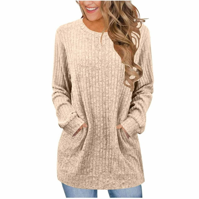 LMKIHUSA Hauts en Tricot pour Femmes Hiver Décontracté Ample Col Rond Tuniques T-Shirts Manches Longues Chemises Unies Mode d'Automne Chandail à Enfiler Blouses avec Poches Beige,G
